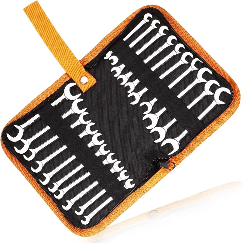 LEONTOOL Mini Double Open End Wrench Set Metric and SAE 20 Pcs 4-11mm & 5/32" to 7/16" Mirror Chrome Finish Super Thin Open Ended Spanner Double Angle Head with Portable Storage Pouches - Image 1